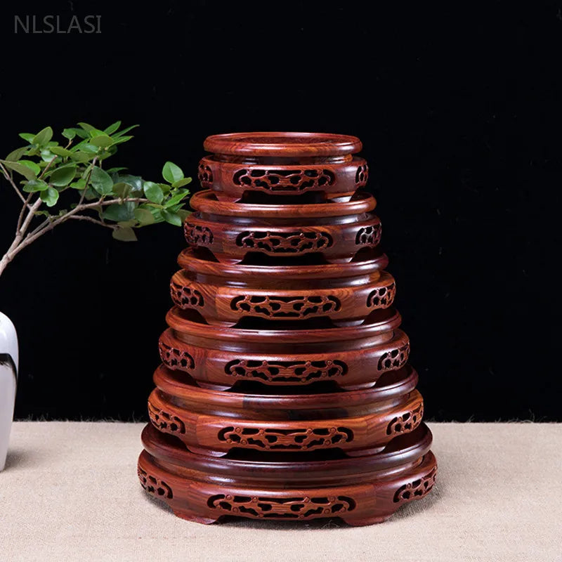 Round Red Rosewood Base Chinese Solid Wood Hollow Decoration Buddha Flower Pot Fish Tank Base Home Crafts Accessories