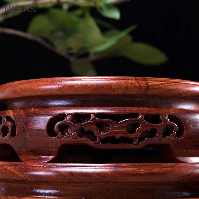 Round Red Rosewood Base Chinese Solid Wood Hollow Decoration Buddha Flower Pot Fish Tank Base Home Crafts Accessories