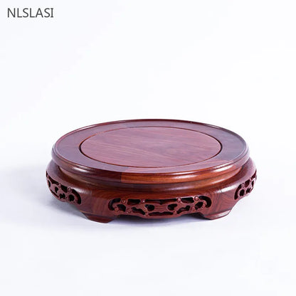 Round Red Rosewood Base Chinese Solid Wood Hollow Decoration Buddha Flower Pot Fish Tank Base Home Crafts Accessories