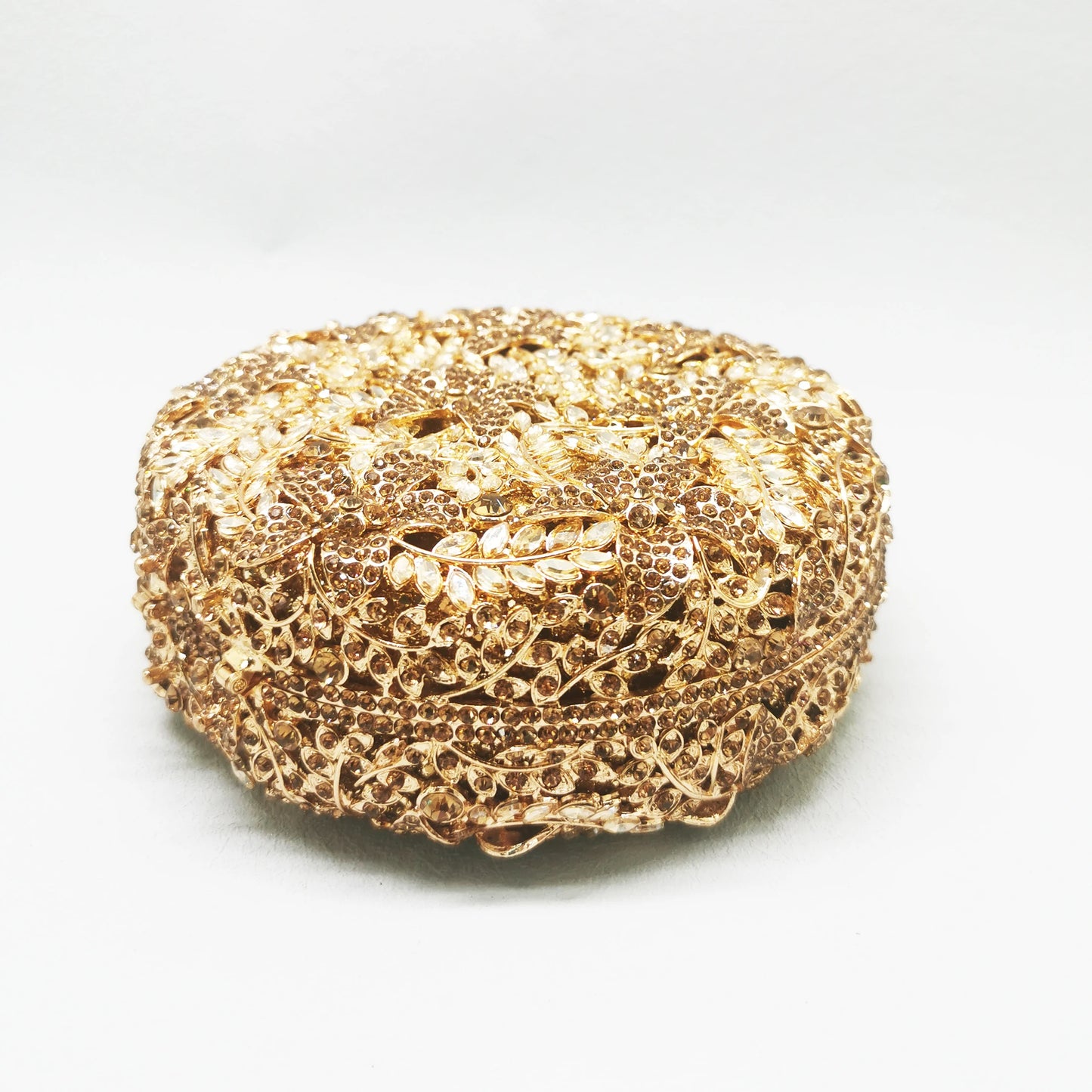 Round Shape Gold Leaves Diamond Bridal Handbag Woman Crystal Wedding Mini Metal Cute Bag Party Dinner Girls Gift Evening Purse