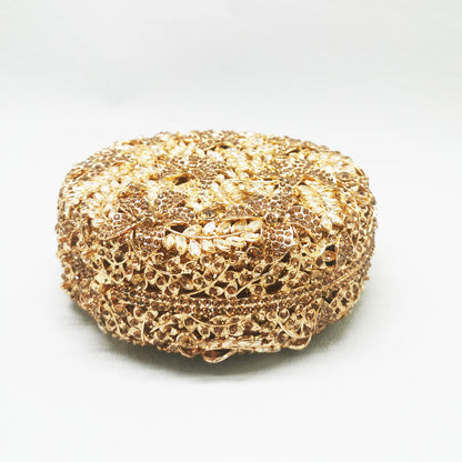 Round Shape Gold Leaves Diamond Bridal Handbag Woman Crystal Wedding Mini Metal Cute Bag Party Dinner Girls Gift Evening Purse