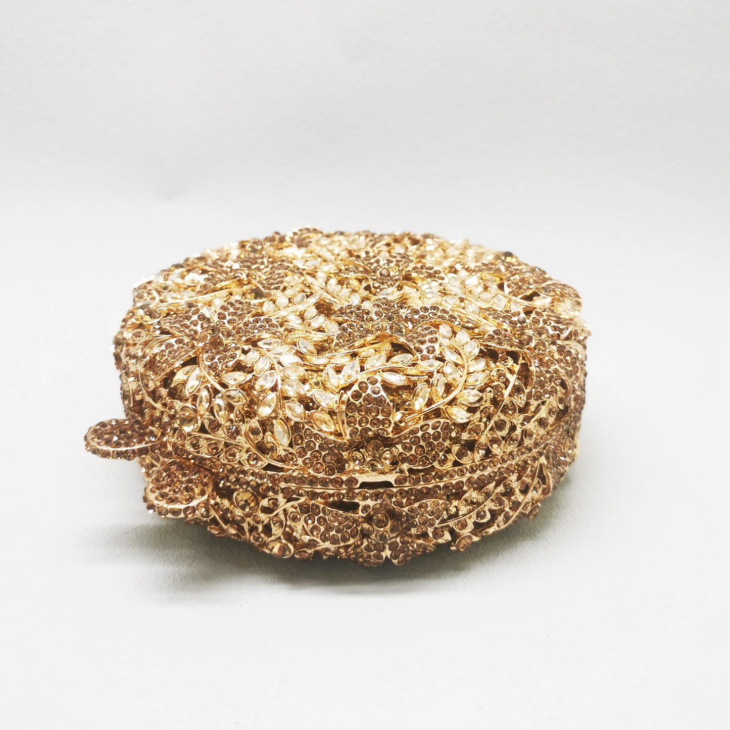 Round Shape Gold Leaves Diamond Bridal Handbag Woman Crystal Wedding Mini Metal Cute Bag Party Dinner Girls Gift Evening Purse