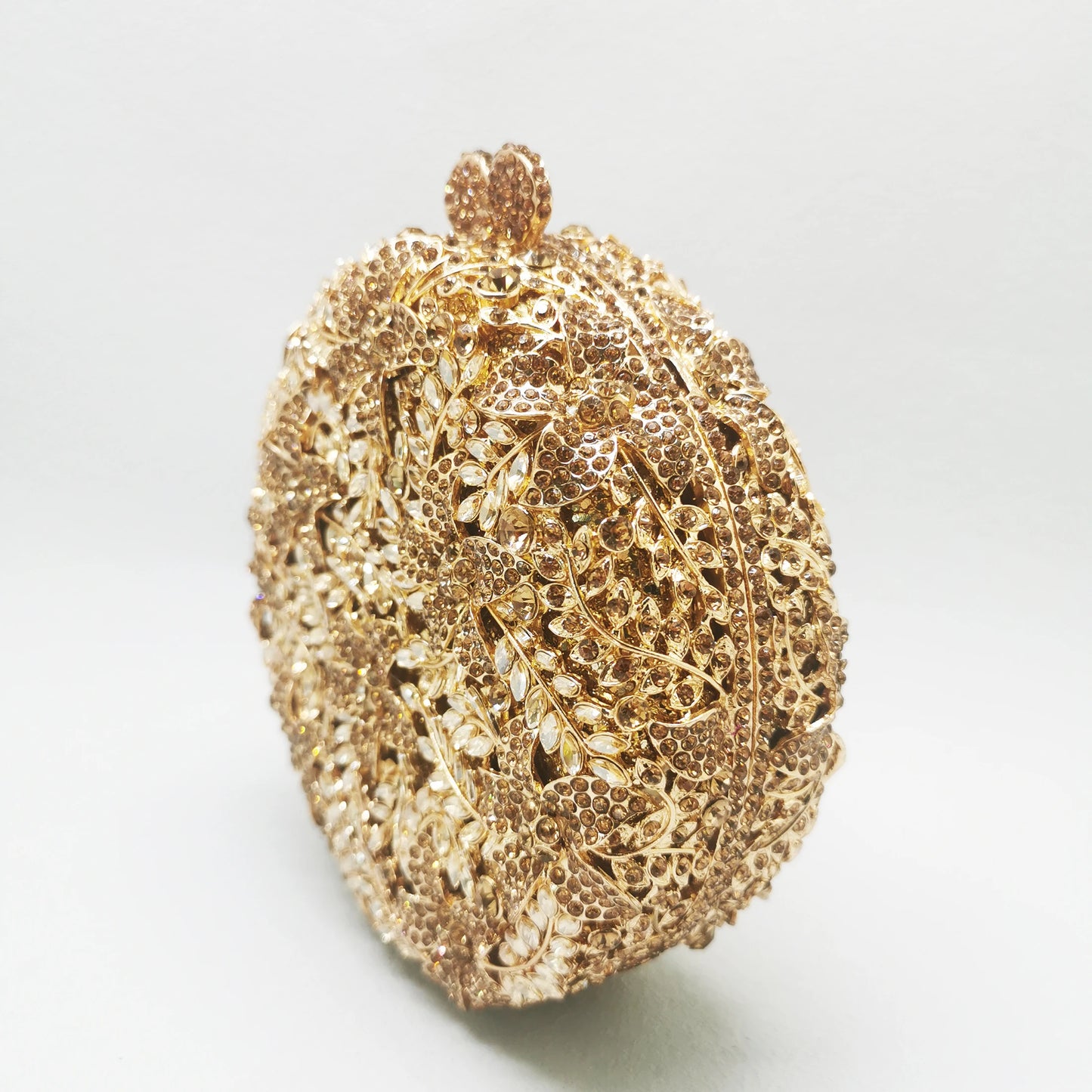 Round Shape Gold Leaves Diamond Bridal Handbag Woman Crystal Wedding Mini Metal Cute Bag Party Dinner Girls Gift Evening Purse