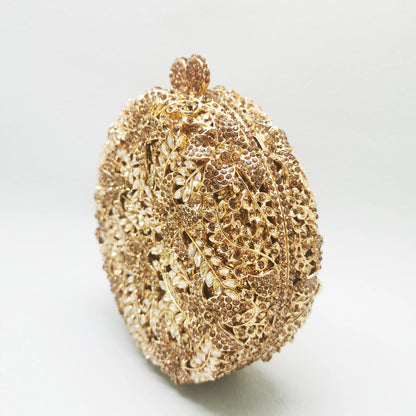 Round Shape Gold Leaves Diamond Bridal Handbag Woman Crystal Wedding Mini Metal Cute Bag Party Dinner Girls Gift Evening Purse