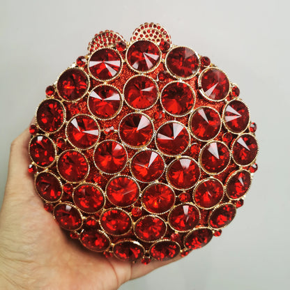 Round Shape Woman Red Pink Gold Diamond Handbag Mini Metal Crystal Banquet Toted Evening Bag Wedding Bridal Party Dinner Purse