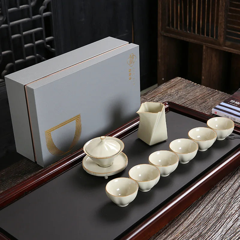 Ru Kiln Ceramic Kung Fu Tea Set Gaiwan Fair Cup Cracked Teacup Teaware Kitchen Dining Bar Home Garden