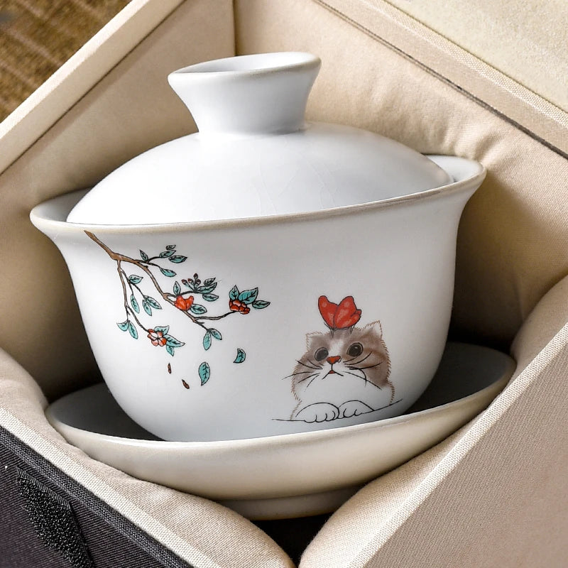 Ru Kiln Ceramics Tea Tureen Home Hand Painted Porcelain Gaiwan with Cover Teacup Saucer Chinese Tea Ceremony Supplies 150ML