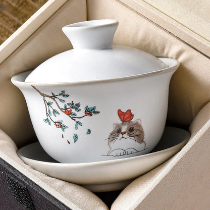 Ru Kiln Ceramics Tea Tureen Home Hand Painted Porcelain Gaiwan with Cover Teacup Saucer Chinese Tea Ceremony Supplies 150ML