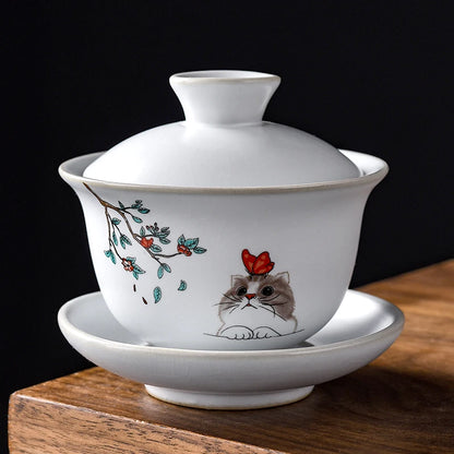 Ru Kiln Ceramics Tea Tureen Home Hand Painted Porcelain Gaiwan with Cover Teacup Saucer Chinese Tea Ceremony Supplies 150ML