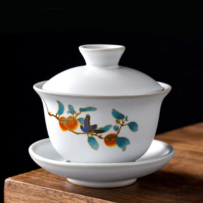 Ru Kiln Ceramics Tea Tureen Home Hand Painted Porcelain Gaiwan with Cover Teacup Saucer Chinese Tea Ceremony Supplies 150ML
