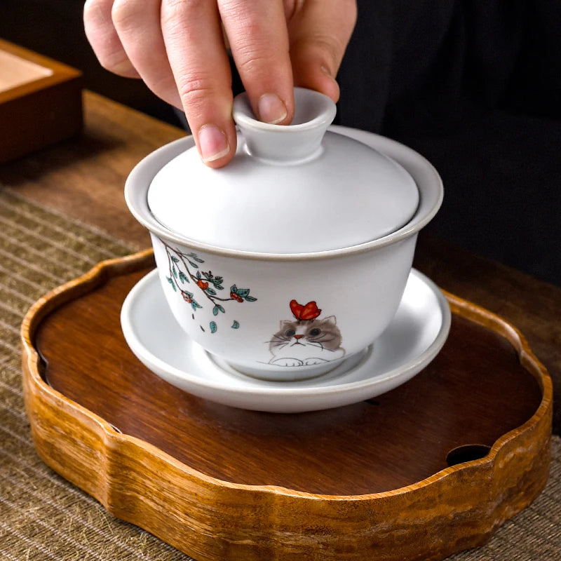 Ru Kiln Ceramics Tea Tureen Home Hand Painted Porcelain Gaiwan with Cover Teacup Saucer Chinese Tea Ceremony Supplies 150ML
