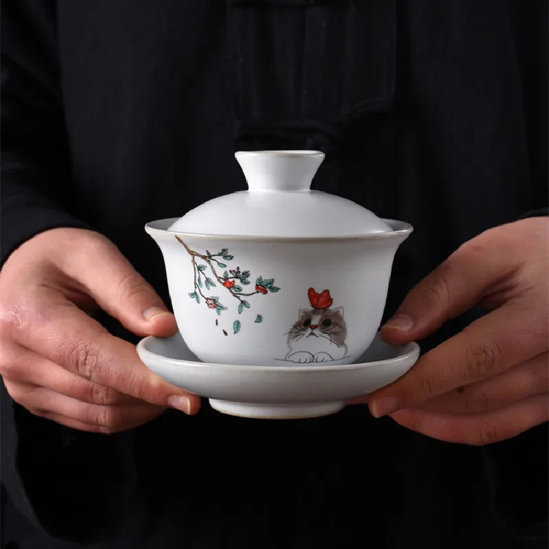 Ru Kiln Ceramics Tea Tureen Home Hand Painted Porcelain Gaiwan with Cover Teacup Saucer Chinese Tea Ceremony Supplies 150ML