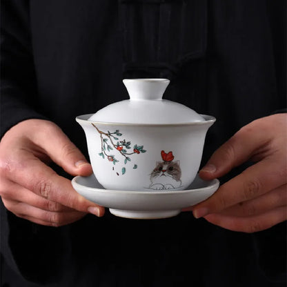 Ru Kiln Ceramics Tea Tureen Home Hand Painted Porcelain Gaiwan with Cover Teacup Saucer Chinese Tea Ceremony Supplies 150ML