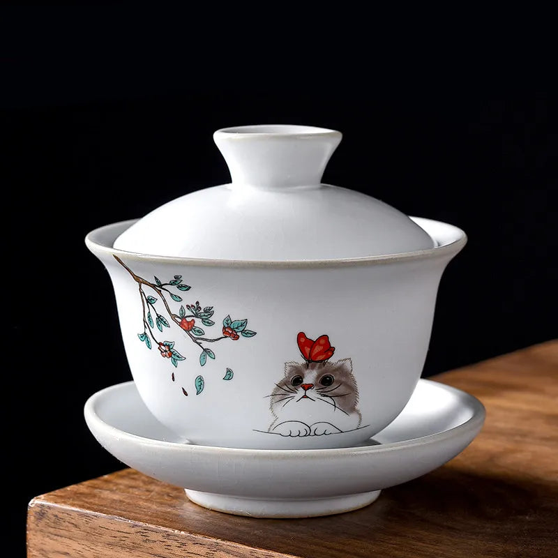 Ru Kiln Ceramics Tea Tureen Home Hand Painted Porcelain Gaiwan with Cover Teacup Saucer Chinese Tea Ceremony Supplies 150ML