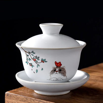 Ru Kiln Ceramics Tea Tureen Home Hand Painted Porcelain Gaiwan with Cover Teacup Saucer Chinese Tea Ceremony Supplies 150ML