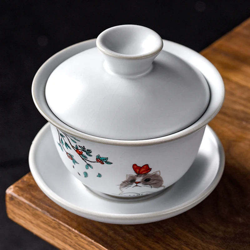 Ru Kiln Ceramics Tea Tureen Home Hand Painted Porcelain Gaiwan with Cover Teacup Saucer Chinese Tea Ceremony Supplies 150ML