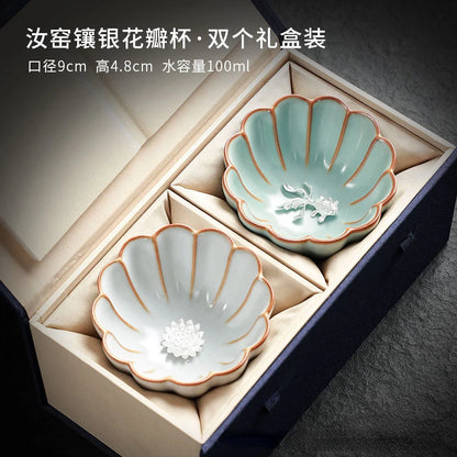 Ru Kiln Inlaid Silver Tea Cup Master Cup Kung Fu Tea Set Ceramic Tea Cup Retro Large Tea Bowl Exquisite Handmade Petal Teacup
