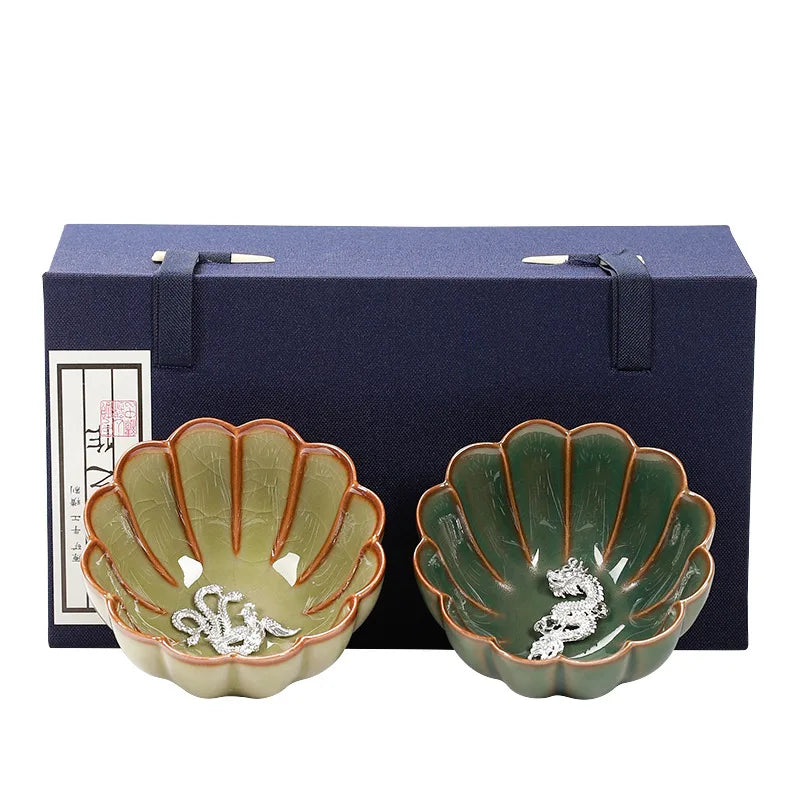 Ru Kiln Inlaid Silver Tea Cup Master Cup Kung Fu Tea Set Ceramic Tea Cup Retro Large Tea Bowl Exquisite Handmade Petal Teacup