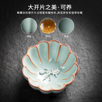 Ru Kiln Inlaid Silver Tea Cup Master Cup Kung Fu Tea Set Ceramic Tea Cup Retro Large Tea Bowl Exquisite Handmade Petal Teacup