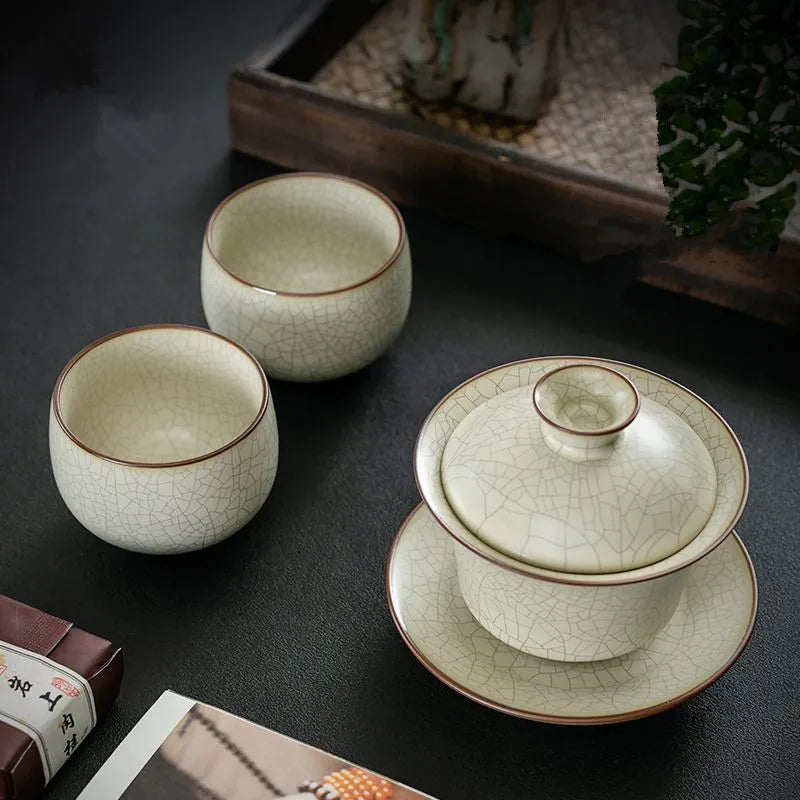 Ru Kiln Sancai Cover Bowl, Single High-end Kungfu Tea Set, Ice Cracked, Large Household Tea Bowl, Non Hot Tea Cup