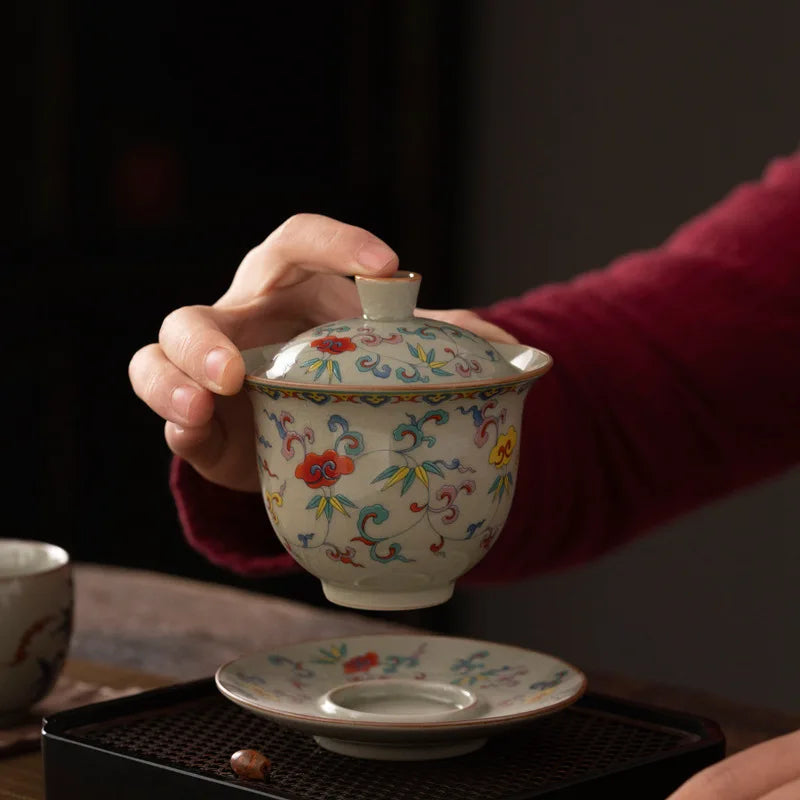 Ru Kiln Three Talents Gaiwan Tea Cup Kung Fu Tea Set Tea Bowl with Cover Teacup Antique Ceramic Tea Cup Chinese Gaiwan Tea Set