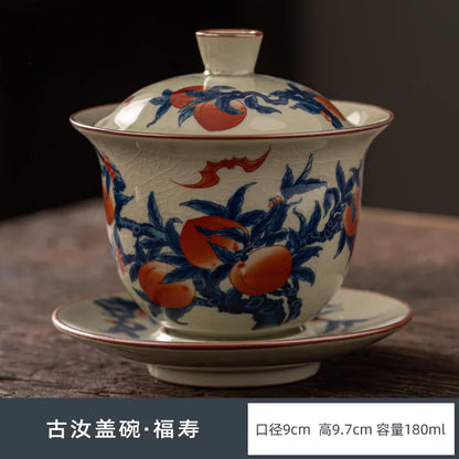 Ru Kiln Three Talents Gaiwan Tea Cup Kung Fu Tea Set Tea Bowl with Cover Teacup Antique Ceramic Tea Cup Chinese Gaiwan Tea Set