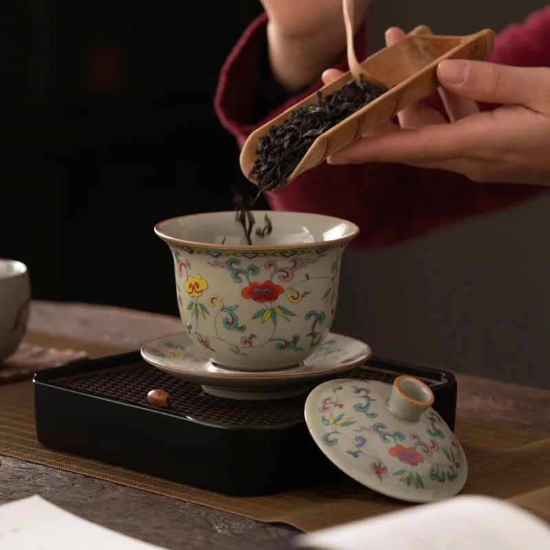 Ru Kiln Three Talents Gaiwan Tea Cup Kung Fu Tea Set Tea Bowl with Cover Teacup Antique Ceramic Tea Cup Chinese Gaiwan Tea Set
