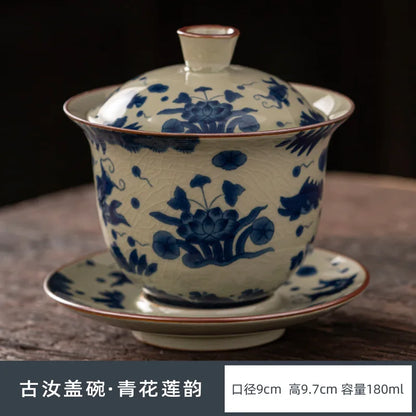 Ru Kiln Three Talents Gaiwan Tea Cup Kung Fu Tea Set Tea Bowl with Cover Teacup Antique Ceramic Tea Cup Chinese Gaiwan Tea Set