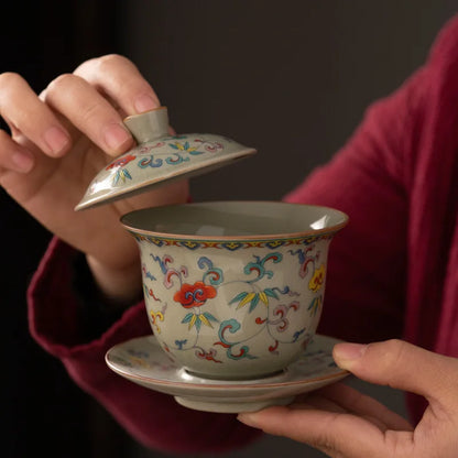 Ru Kiln Three Talents Gaiwan Tea Cup Kung Fu Tea Set Tea Bowl with Cover Teacup Antique Ceramic Tea Cup Chinese Gaiwan Tea Set