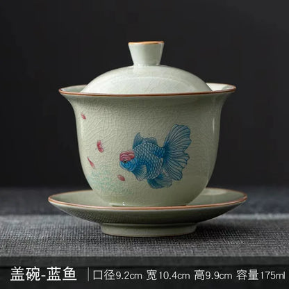 Ru Kiln Three Talents Gaiwan Tea Cup Kung Fu Tea Set Tea Bowl with Cover Teacup Antique Ceramic Tea Cup Chinese Gaiwan Tea Set