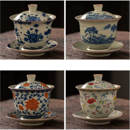 Ru Kiln Three Talents Gaiwan Tea Cup Kung Fu Tea Set Tea Bowl with Cover Teacup Antique Ceramic Tea Cup Chinese Gaiwan Tea Set