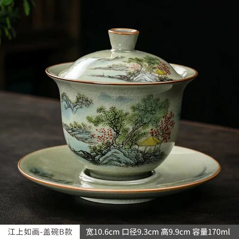 Ru Kiln Three Talents Gaiwan Tea Cup Kung Fu Tea Set Tea Bowl with Cover Teacup Antique Ceramic Tea Cup Chinese Gaiwan Tea Set