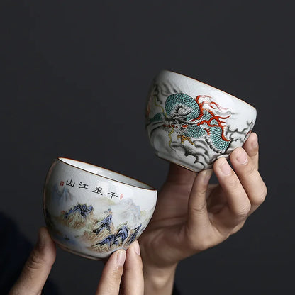Ru Kiln Zodiac Tea Cup Retro Master Cup Ceramic Tea Cup Kung Fu Tea Set Tea Cup Set Tea Bowl Chinese Teaware Hand Painted Teacup