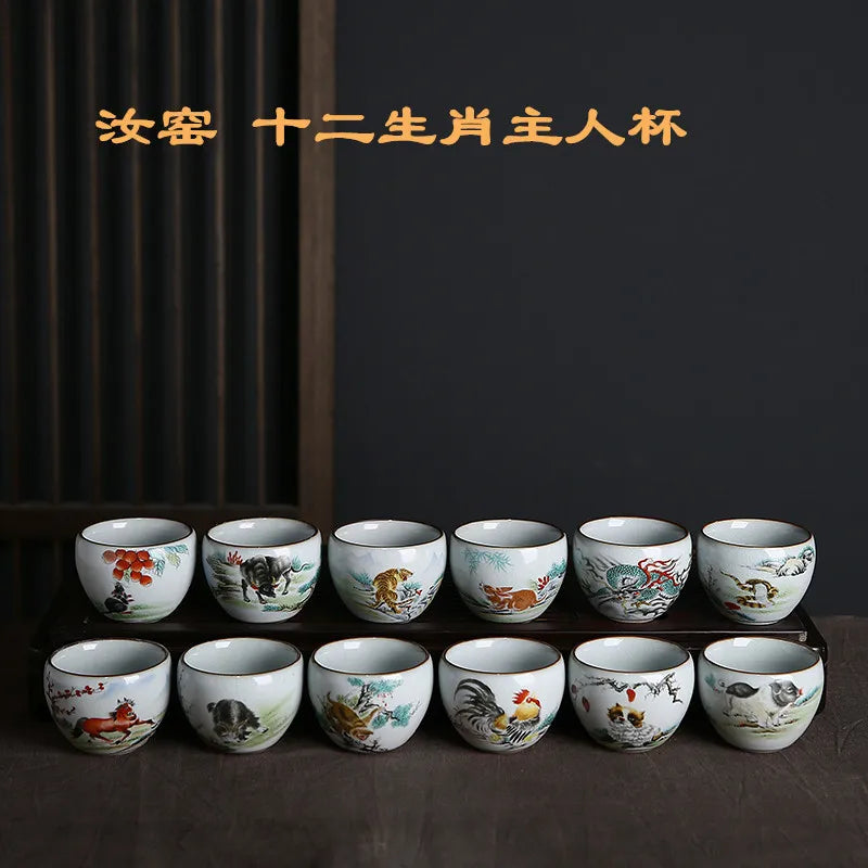 Ru Kiln Zodiac Tea Cup Retro Master Cup Ceramic Tea Cup Kung Fu Tea Set Tea Cup Set Tea Bowl Chinese Teaware Hand Painted Teacup