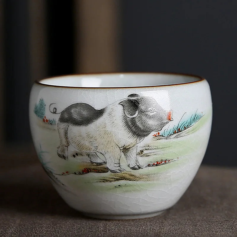 Ru Kiln Zodiac Tea Cup Retro Master Cup Ceramic Tea Cup Kung Fu Tea Set Tea Cup Set Tea Bowl Chinese Teaware Hand Painted Teacup