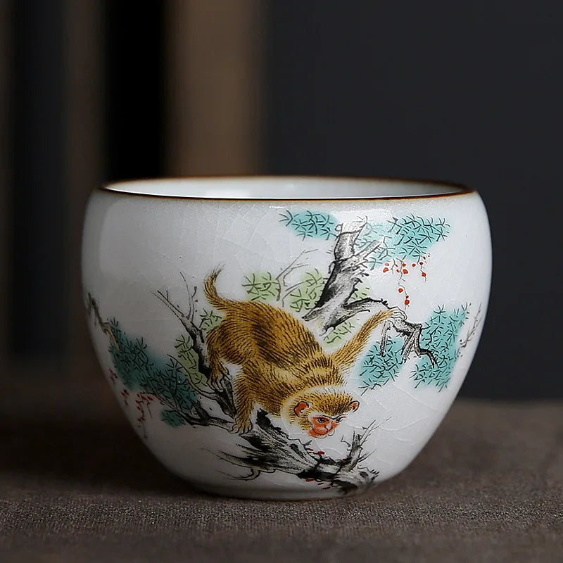 Ru Kiln Zodiac Tea Cup Retro Master Cup Ceramic Tea Cup Kung Fu Tea Set Tea Cup Set Tea Bowl Chinese Teaware Hand Painted Teacup
