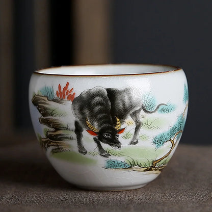 Ru Kiln Zodiac Tea Cup Retro Master Cup Ceramic Tea Cup Kung Fu Tea Set Tea Cup Set Tea Bowl Chinese Teaware Hand Painted Teacup