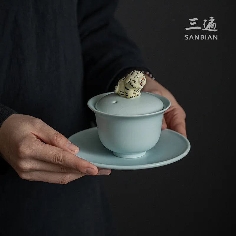 Ru Ware Cover Teacup Azure Three Pieces Tea Making Bowl Set Single Tiger Porcelain Kung Fu Tea Set with Lid