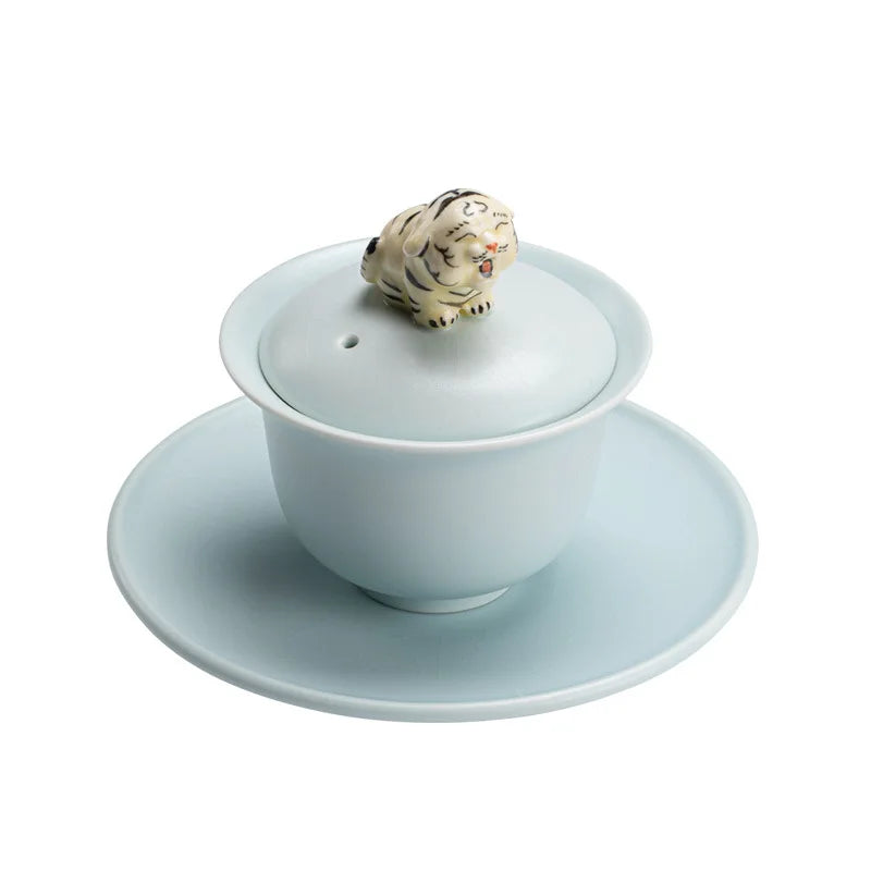Ru Ware Cover Teacup Azure Three Pieces Tea Making Bowl Set Single Tiger Porcelain Kung Fu Tea Set with Lid