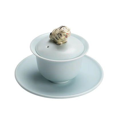 Ru Ware Cover Teacup Azure Three Pieces Tea Making Bowl Set Single Tiger Porcelain Kung Fu Tea Set with Lid