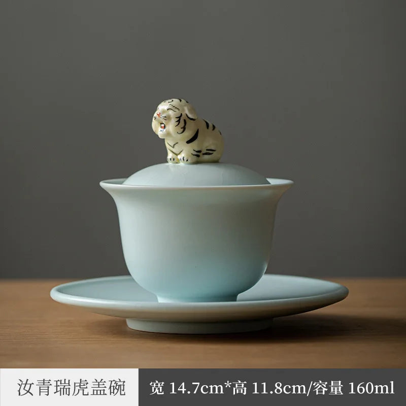 Ru Ware Cover Teacup Azure Three Pieces Tea Making Bowl Set Single Tiger Porcelain Kung Fu Tea Set with Lid
