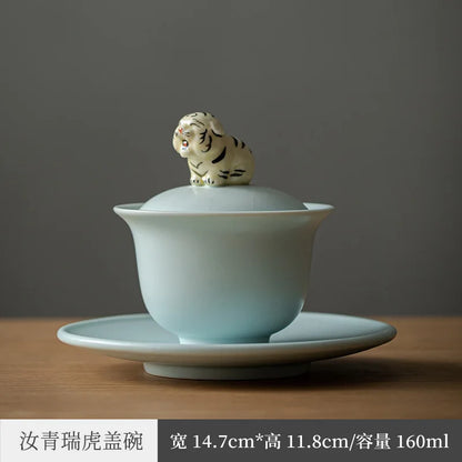 Ru Ware Cover Teacup Azure Three Pieces Tea Making Bowl Set Single Tiger Porcelain Kung Fu Tea Set with Lid