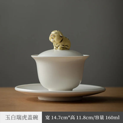 Ru Ware Cover Teacup Azure Three Pieces Tea Making Bowl Set Single Tiger Porcelain Kung Fu Tea Set with Lid