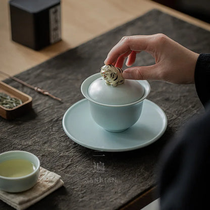Ru Ware Cover Teacup Azure Three Pieces Tea Making Bowl Set Single Tiger Porcelain Kung Fu Tea Set with Lid