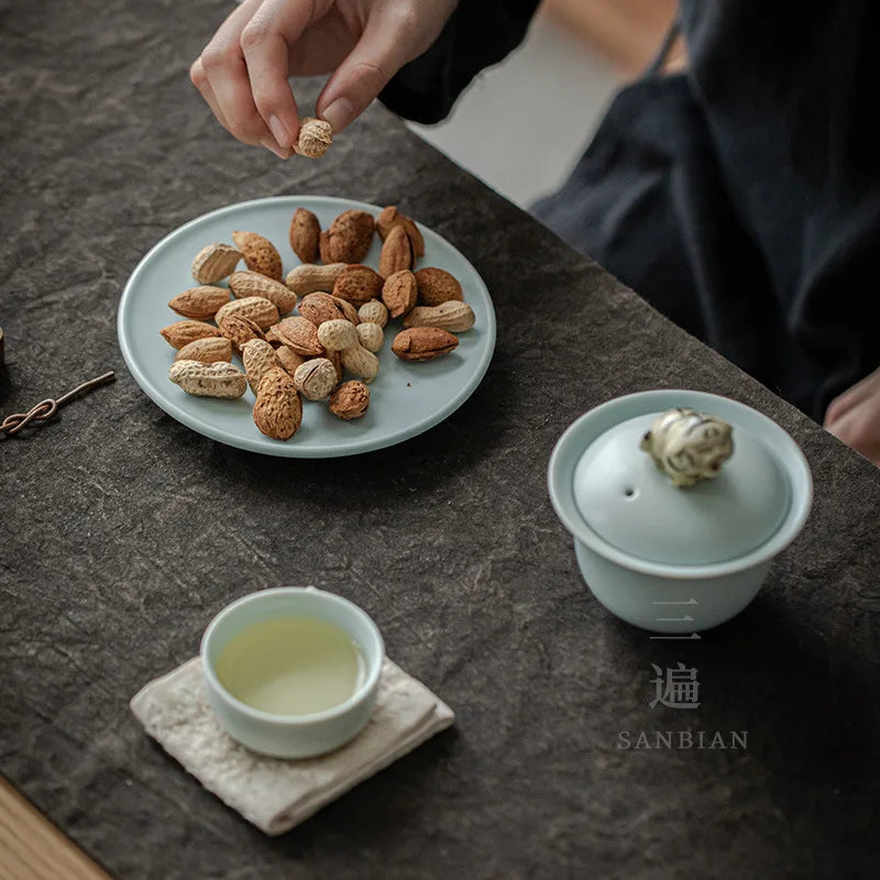 Ru Ware Cover Teacup Azure Three Pieces Tea Making Bowl Set Single Tiger Porcelain Kung Fu Tea Set with Lid