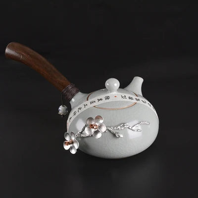 Ru kiln Teapot Handheld Tea infuser Pot with Wooden Side Handle Tea Kettle Ceramic Cups Tray Household Home Office Accessories