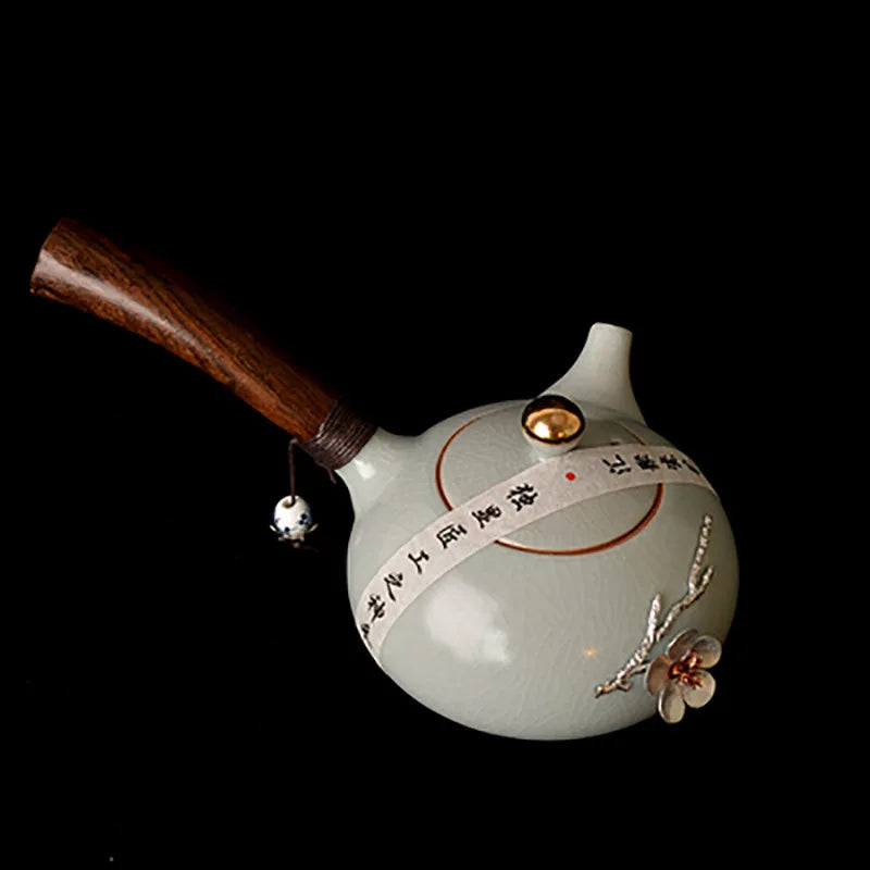 Ru kiln Teapot Handheld Tea infuser Pot with Wooden Side Handle Tea Kettle Ceramic Cups Tray Household Home Office Accessories