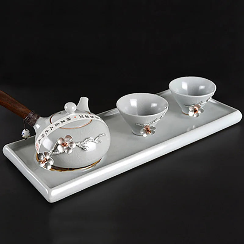 Ru kiln Teapot Handheld Tea infuser Pot with Wooden Side Handle Tea Kettle Ceramic Cups Tray Household Home Office Accessories