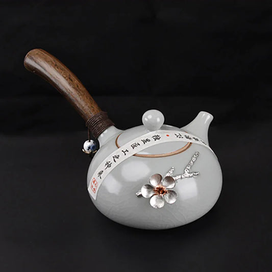Ru kiln Teapot Handheld Tea infuser Pot with Wooden Side Handle Tea Kettle Ceramic Cups Tray Household Home Office Accessories