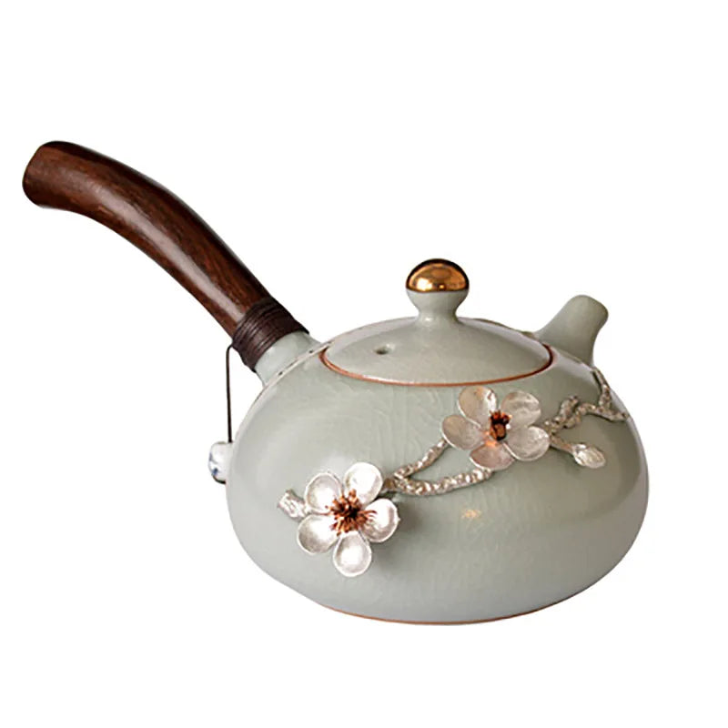 Ru kiln Teapot Handheld Tea infuser Pot with Wooden Side Handle Tea Kettle Ceramic Cups Tray Household Home Office Accessories